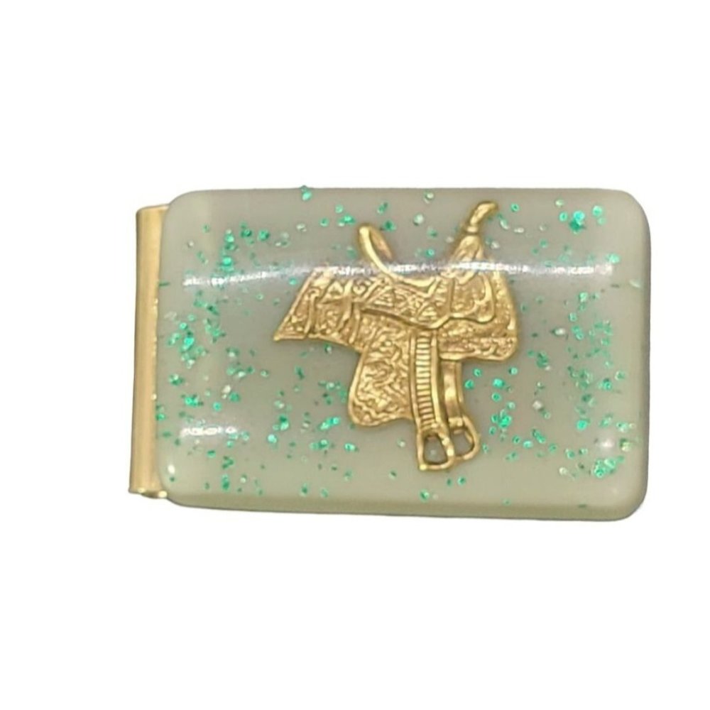 Statement Horse Saddle Money Clip with Lucite Vintage Plastic Green Glitter